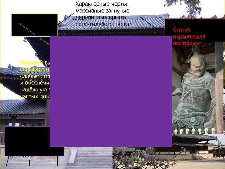 Характерные черты массивные загнутые черепичные крыши серо-голубого цвета; Большой вынос крыши скрывает и затеняет