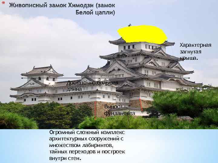 * Характерная загнутая крыша. Достаточно большая длина Вынос фундамента Огромный сложный комплекс архитектурных сооружений