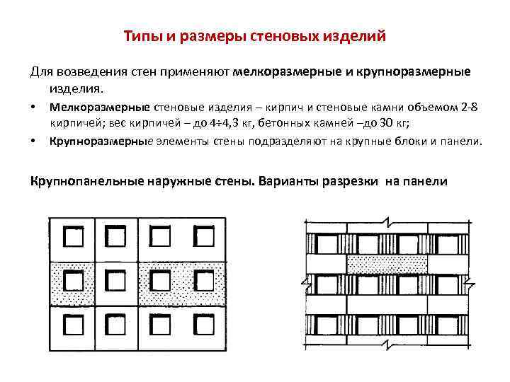 Типы и размеры стеновых изделий Для возведения стен применяют мелкоразмерные и крупноразмерные изделия. •