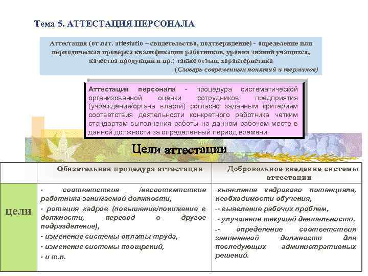 Тема 5. АТТЕСТАЦИЯ ПЕРСОНАЛА Аттестация (от лат. attestatio – свидетельство, подтверждение) - определение или