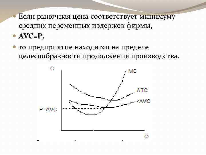  Если рыночная цена соответствует минимуму средних переменных издержек фирмы, AVC=P, то предприятие находится