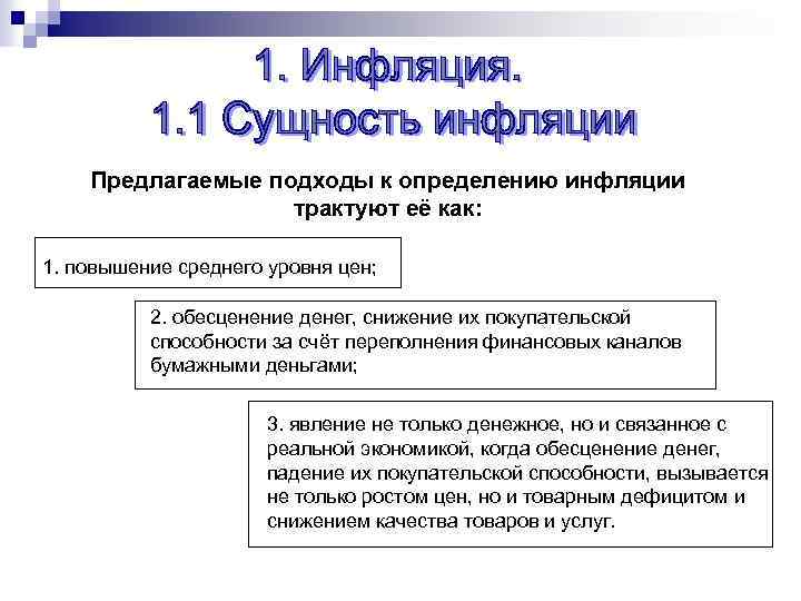 Предлагаемые подходы к определению инфляции трактуют её как: 1. повышение среднего уровня цен; 2.