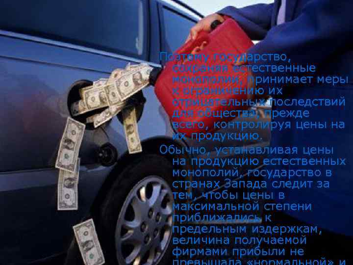 Поэтому государство, сохраняя естественные монополии, принимает меры к ограничению их отрицательных последствий для общества,