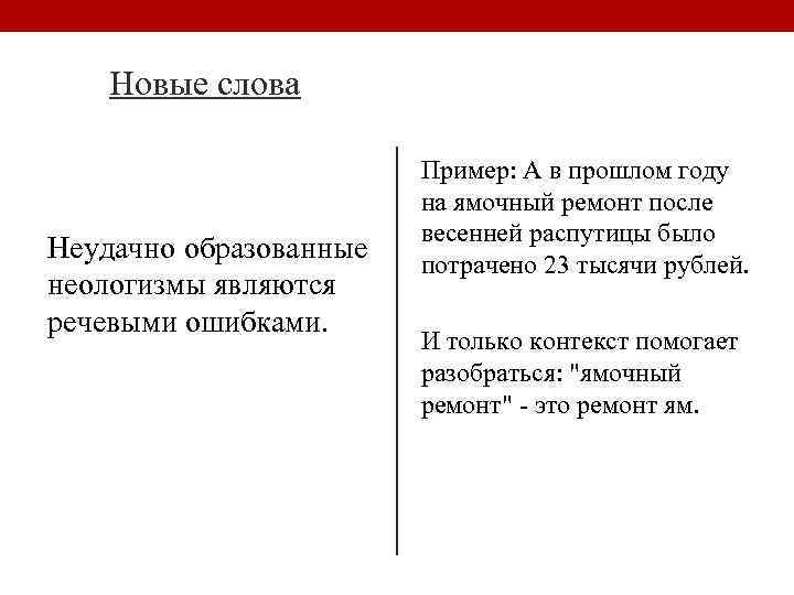 Новые слова Неудачно образованные неологизмы являются речевыми ошибками. Пример: А в прошлом году на