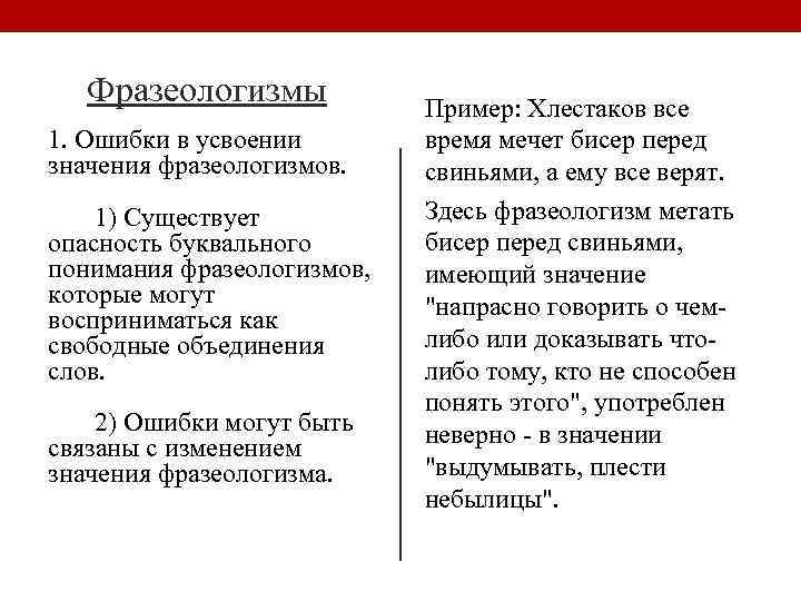 Фразеологизмы 1. Ошибки в усвоении значения фразеологизмов. 1) Существует опасность буквального понимания фразеологизмов, которые