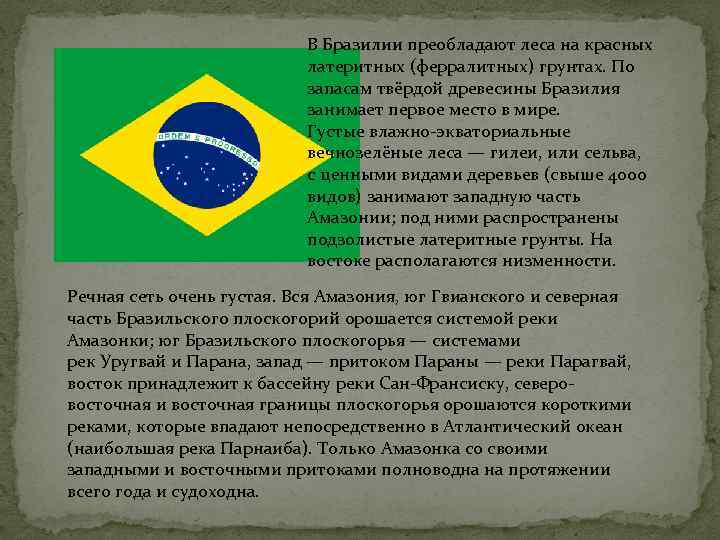 В Бразилии преобладают леса на красных латеритных (ферралитных) грунтах. По запасам твёрдой древесины Бразилия