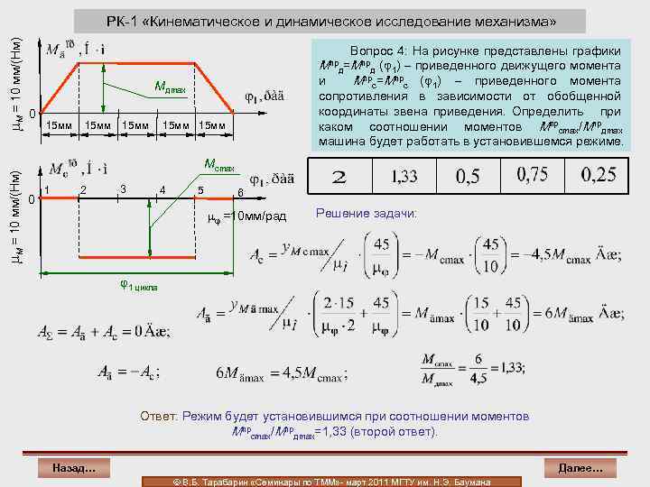  M = 10 мм/(Нм) РК-1 «Кинематическое и динамическое исследование механизма» Вопрос 4: На
