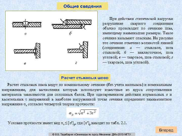 Общие сведения При действии статической нагрузки разрушение сварного соединения обычно происходит по сечению шва,