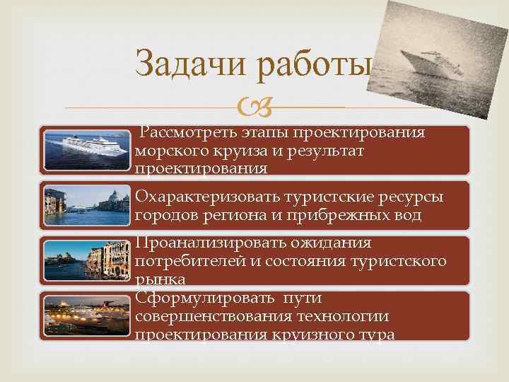 Задачи работы Рассмотреть этапы проектирования морского круиза и результат проектирования Охарактеризовать туристские ресурсы городов