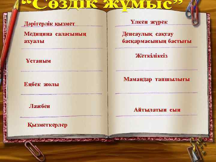 Дәрігерлік қызмет Медицина саласының ахуалы Ұстаным Еңбек жолы Лажбен Қызметкерлер Үлкен жүрек Денсаулық сақтау