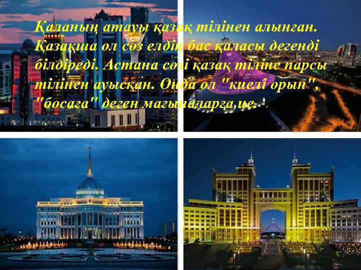 Қаланың атауы қазақ тілінен алынған. Қазақша ол сөз елдің бас қаласы дегенді білдіреді. Астана