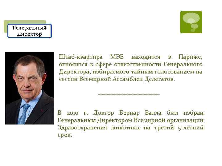 Генеральный Директор Штаб-квартира МЭБ находится в Париже, относится к сфере ответственности Генерального Директора, избираемого