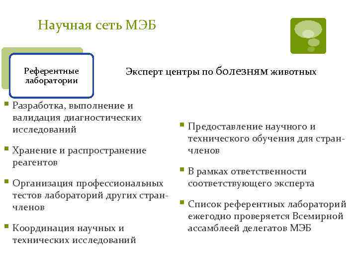 Научная сеть МЭБ Референтные лаборатории Эксперт центры по болезням животных § Разработка, выполнение и