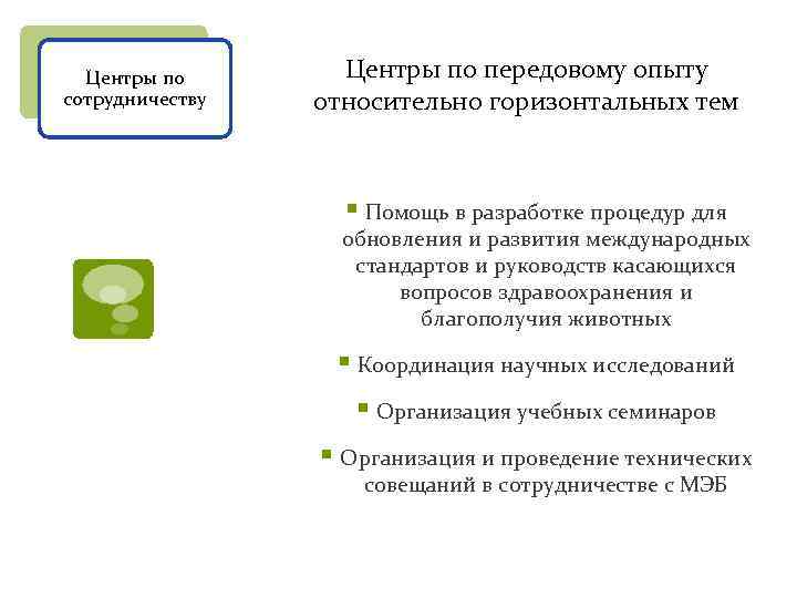 Центры по сотрудничеству Центры по передовому опыту относительно горизонтальных тем § Помощь в разработке