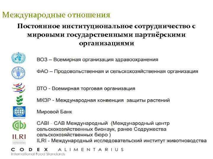 Международные отношения Постоянное институциональное сотрудничество с мировыми государственными партнёрскими организациями 