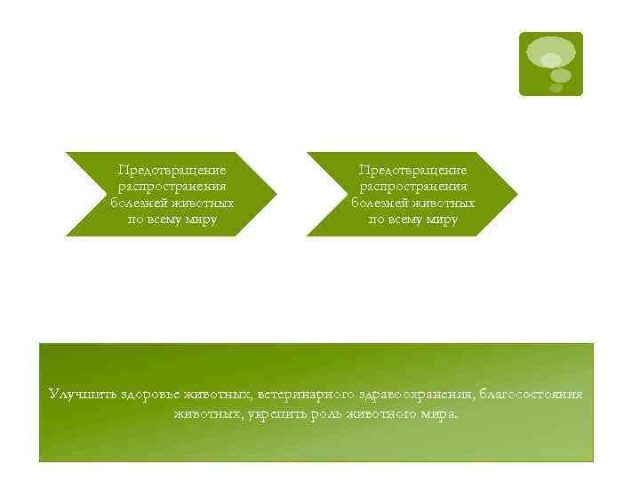 Предотвращение распространения болезней животных по всему миру Улучшить здоровье животных, ветеринарного здравоохранения, благосостояния животных,