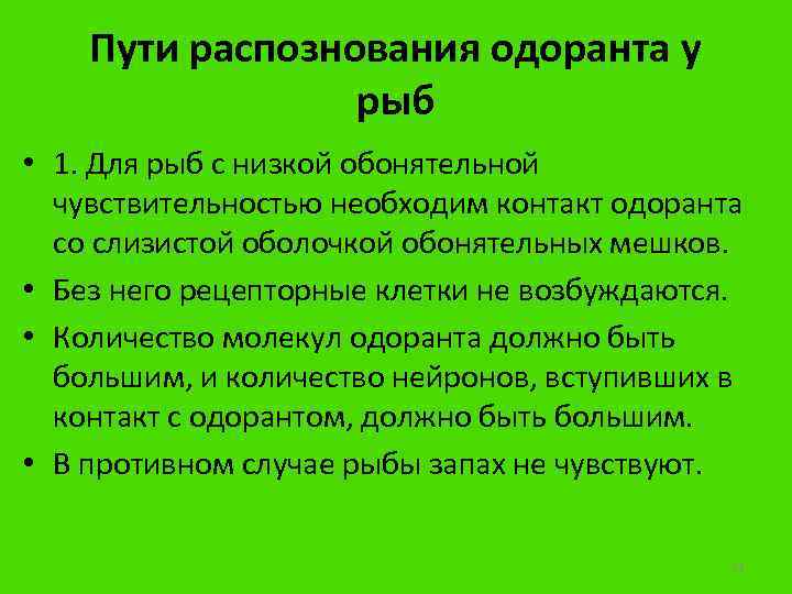 Пути распознования одоранта у рыб • 1. Для рыб с низкой обонятельной чувствительностью необходим