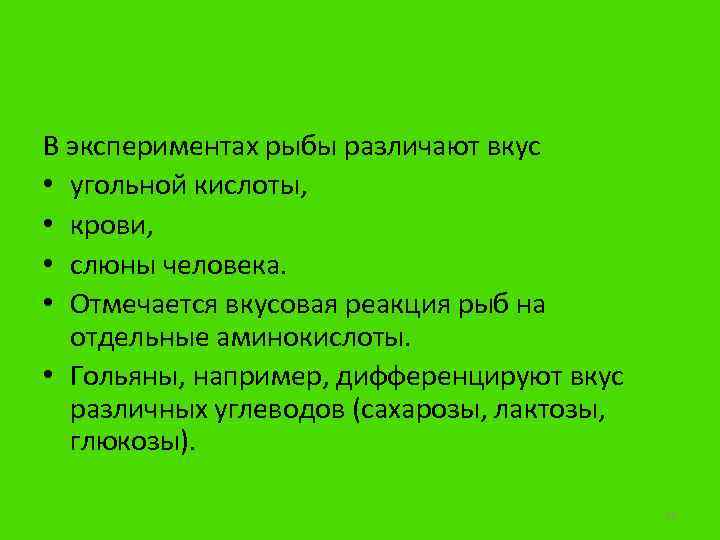 В экспериментах рыбы различают вкус • угольной кислоты, • крови, • слюны человека. •