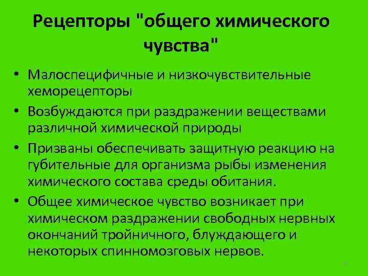 Рецепторы "общего химического чувства" • Малоспецифичные и низкочувствительные хеморецепторы • Возбуждаются при раздражении веществами