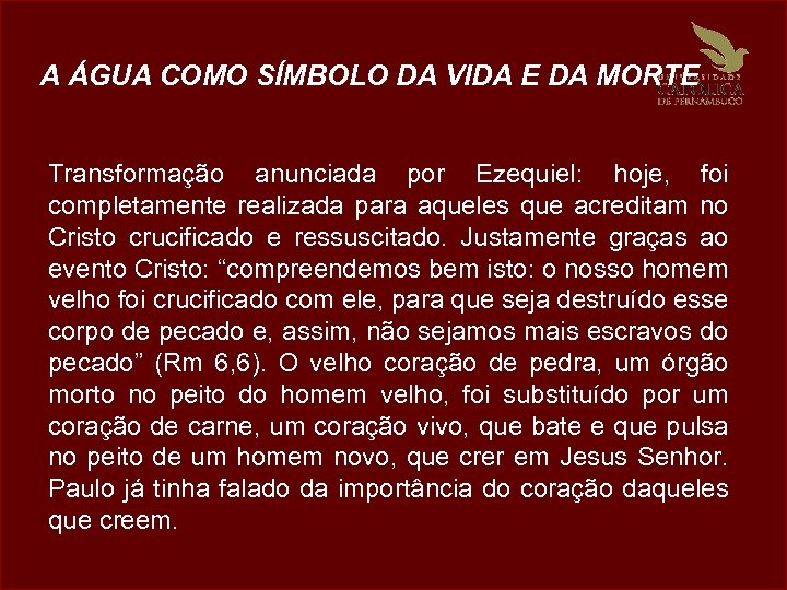 A ÁGUA COMO SÍMBOLO DA VIDA E DA MORTE Transformação anunciada por Ezequiel: hoje,