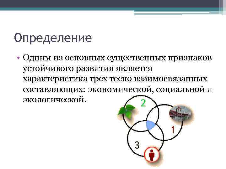 Определение • Одним из основных существенных признаков устойчивого развития является характеристика трех тесно взаимосвязанных
