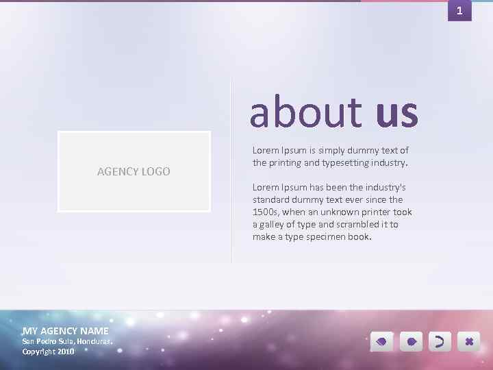 1 about us AGENCY LOGO Lorem Ipsum is simply dummy text of the printing