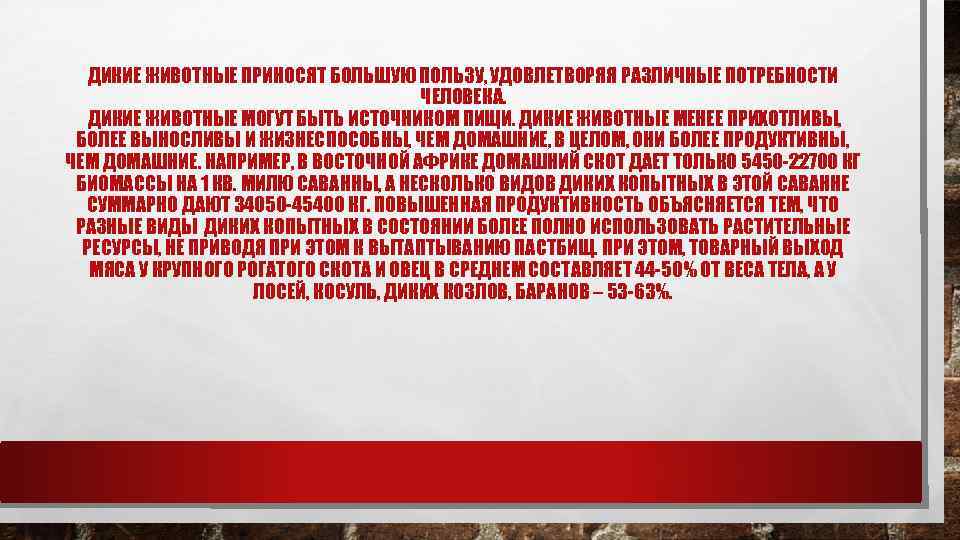 ДИКИЕ ЖИВОТНЫЕ ПРИНОСЯТ БОЛЬШУЮ ПОЛЬЗУ, УДОВЛЕТВОРЯЯ РАЗЛИЧНЫЕ ПОТРЕБНОСТИ ЧЕЛОВЕКА. ДИКИЕ ЖИВОТНЫЕ МОГУТ БЫТЬ ИСТОЧНИКОМ