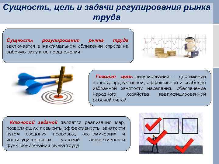 Сущность, цель и задачи регулирования рынка труда Сущность регулирования рынка труда заключается в максимальном