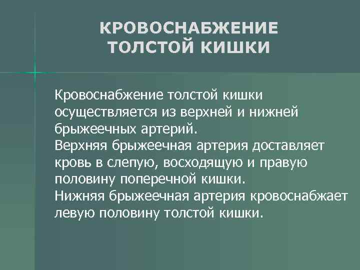 КРОВОСНАБЖЕНИЕ ТОЛСТОЙ КИШКИ Кровоснабжение толстой кишки осуществляется из верхней и нижней брыжеечных артерий. Верхняя