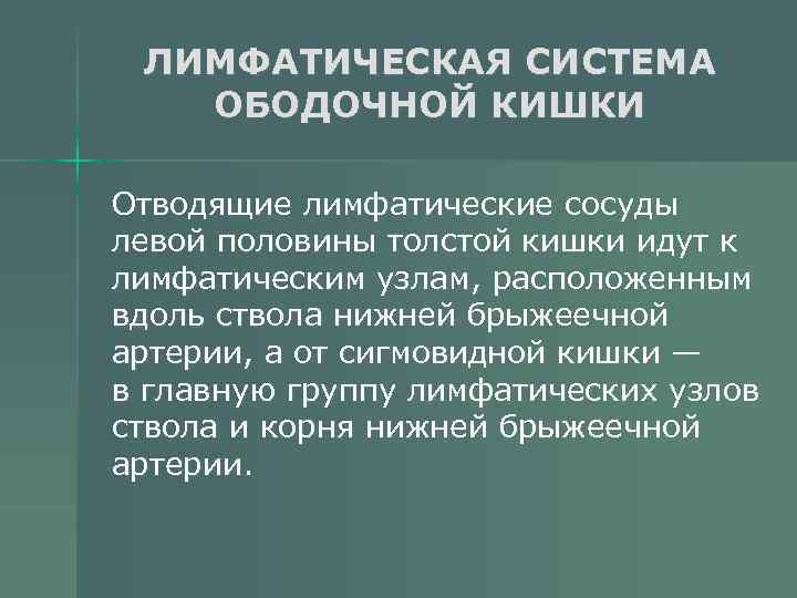 ЛИМФАТИЧЕСКАЯ СИСТЕМА ОБОДОЧНОЙ КИШКИ Отводящие лимфатические сосуды левой половины толстой кишки идут к лимфатическим