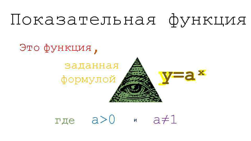Показательная функция Это функция , заданная формулой где a>0 y=aˣ и a≠ 1 