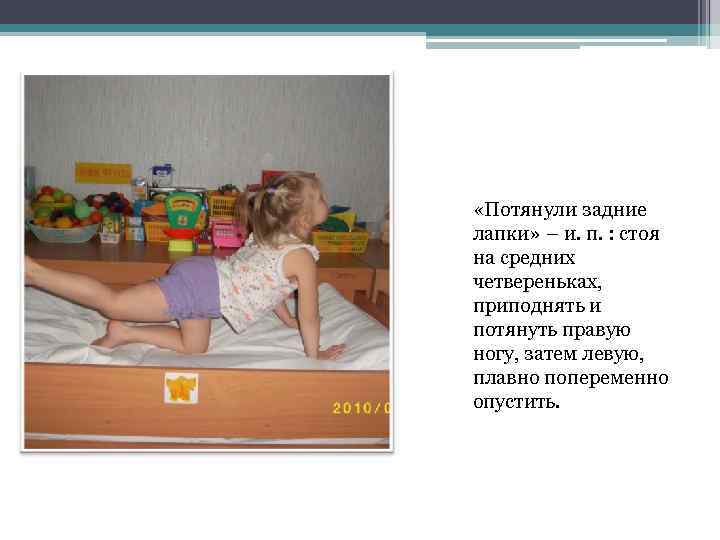  «Потянули задние лапки» – и. п. : стоя на средних четвереньках, приподнять и