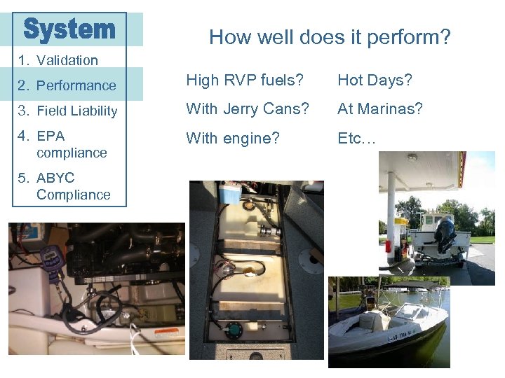 How well does it perform? 1. Validation 2. Performance High RVP fuels? Hot Days?