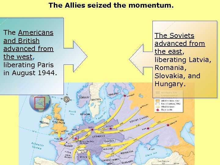 The Allies seized the momentum. The Americans and British advanced from the west, liberating