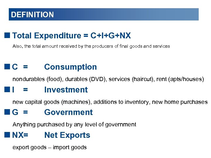 DEFINITION <Total Expenditure = C+I+G+NX Also, the total amount received by the producers of