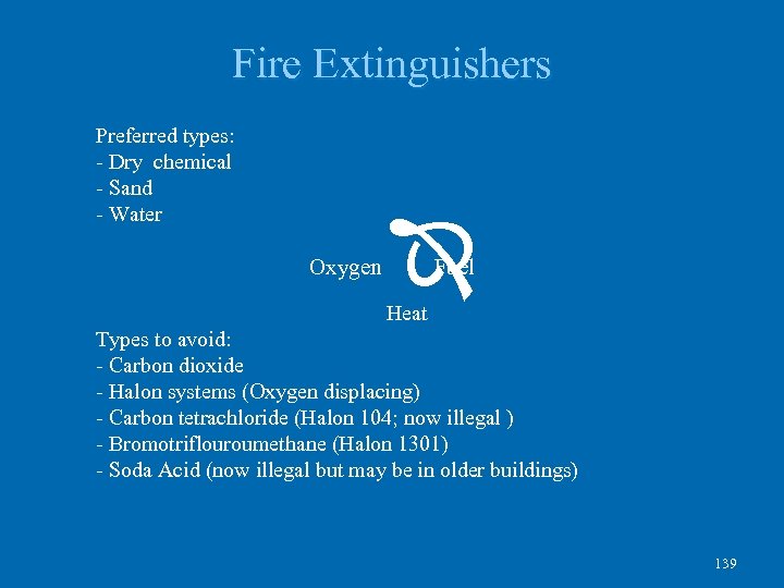 Fire Extinguishers Preferred types: - Dry chemical - Sand - Water Oxygen Î Fuel