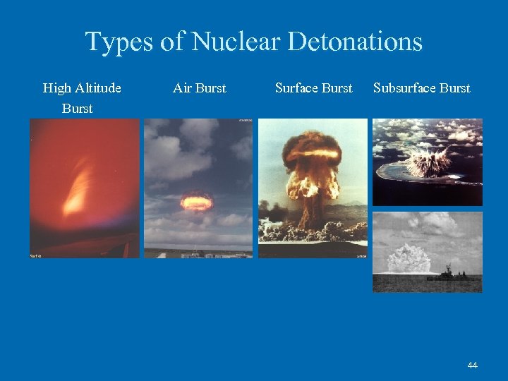 Types of Nuclear Detonations High Altitude Burst Air Burst Surface Burst Subsurface Burst 44