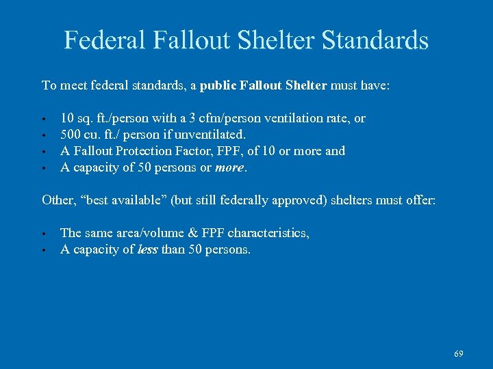 Federal Fallout Shelter Standards To meet federal standards, a public Fallout Shelter must have: