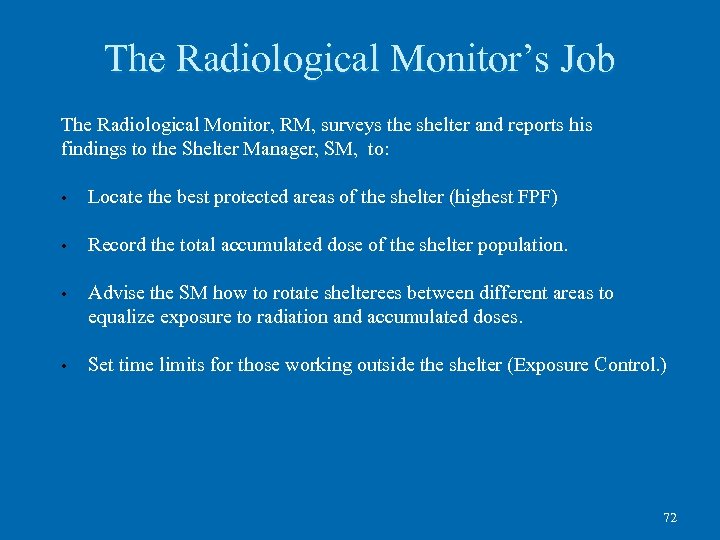 The Radiological Monitor’s Job The Radiological Monitor, RM, surveys the shelter and reports his