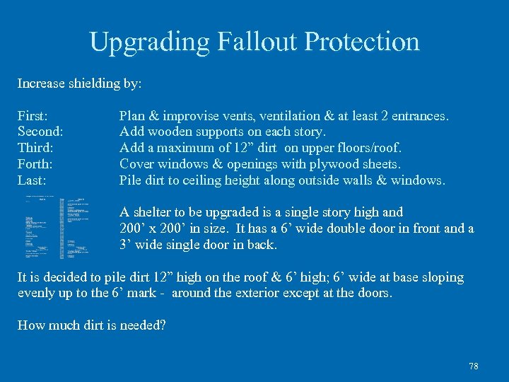 Upgrading Fallout Protection Increase shielding by: First: Second: Third: Forth: Last: Plan & improvise