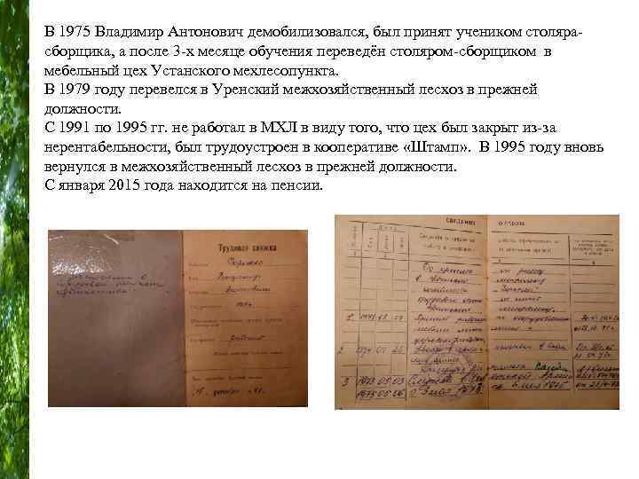 В 1975 Владимир Антонович демобилизовался, был принят учеником столярасборщика, а после 3 -х месяце