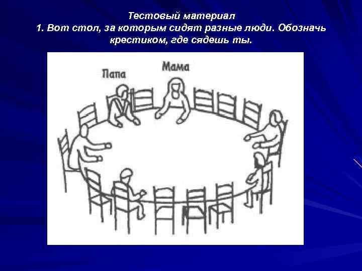 Тестовый материал 1. Вот стол, за которым сидят разные люди. Обозначь крестиком, где сядешь