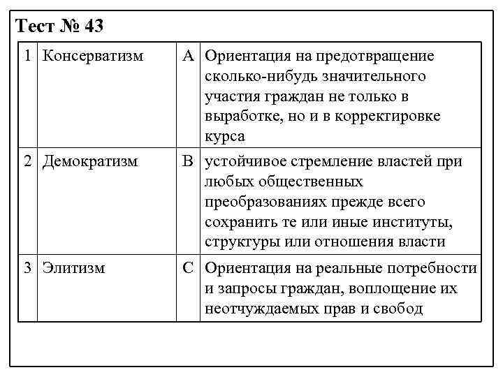 Тест № 43 1 Консерватизм А Ориентация на предотвращение сколько-нибудь значительного участия граждан не