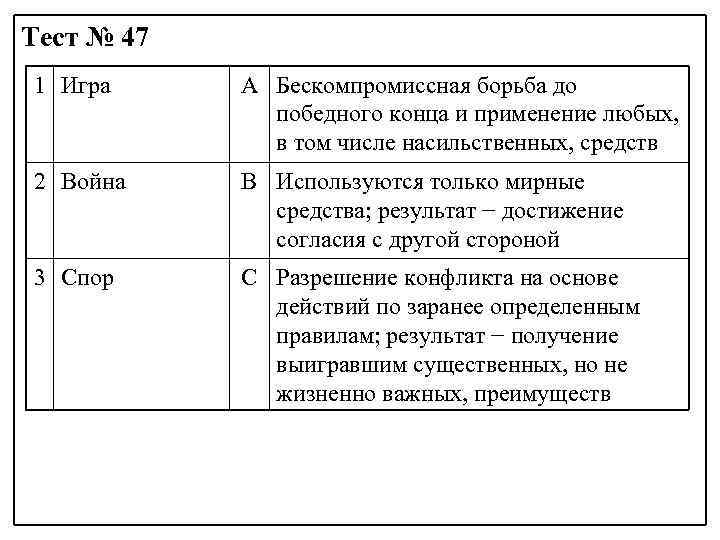 Тест № 47 1 Игра А Бескомпромиссная борьба до победного конца и применение любых,