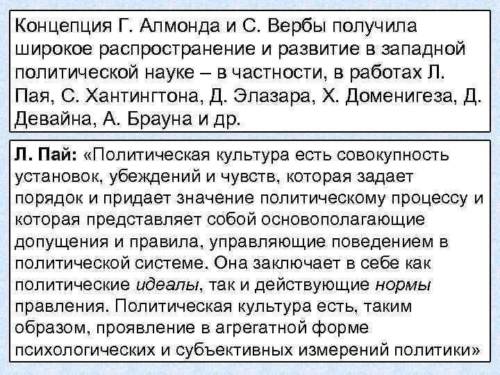 Концепция Г. Алмонда и С. Вербы получила широкое распространение и развитие в западной политической