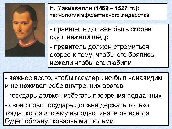 Н. Макиавелли (1469 – 1527 гг. ): технология эффективного лидерства - правитель должен быть