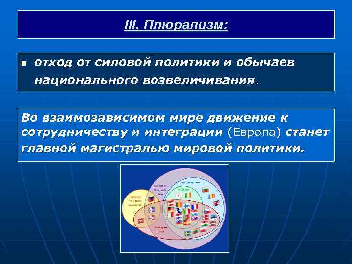 III. Плюрализм: n отход от силовой политики и обычаев национального возвеличивания. Во взаимозависимом мире