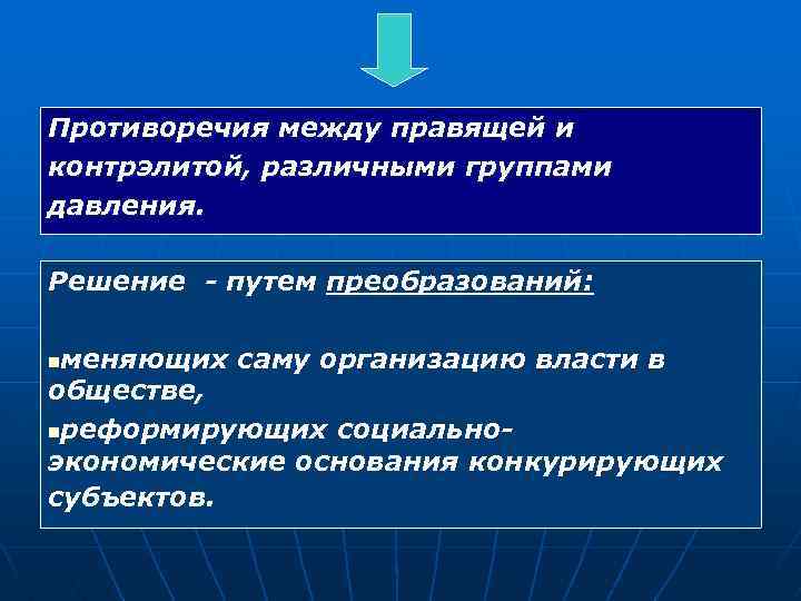 Противоречия между правящей и контрэлитой, различными группами давления. Решение - путем преобразований: меняющих саму