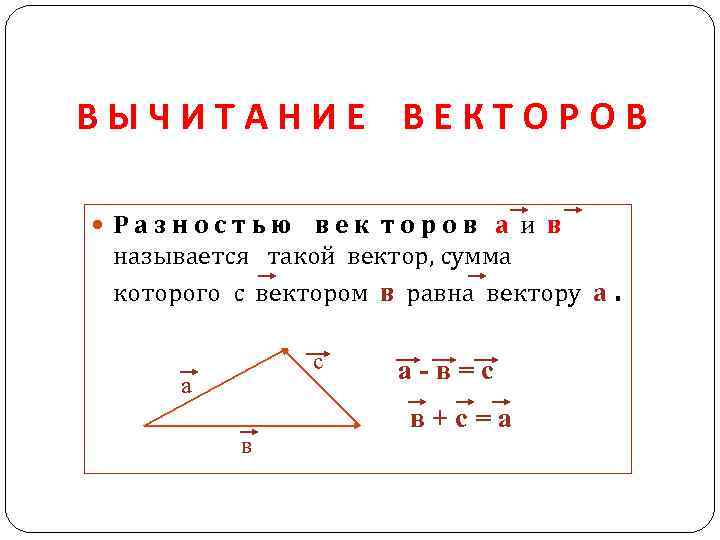 ВЫЧИТАНИЕ ВЕКТОРОВ Разностью век торов а и в называется такой вектор, сумма которого с