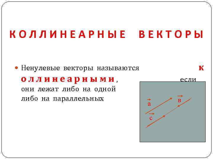 КОЛЛИНЕАРНЫЕ ВЕКТОРЫ к Ненулевые векторы называются оллинеарными, они лежат либо на одной либо на